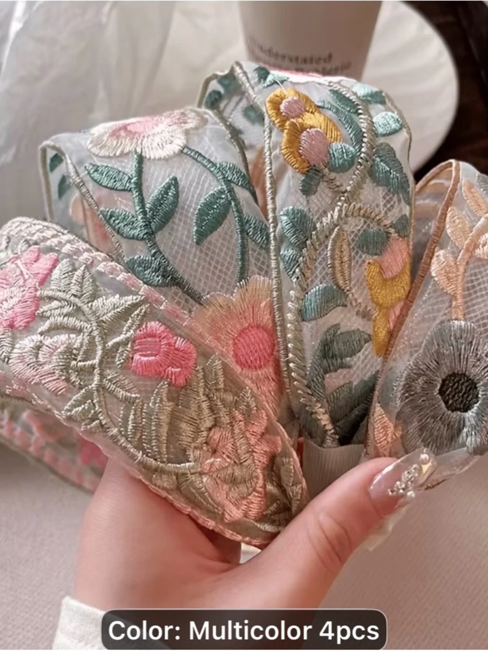 4 Embroidered spring/summer Floral Ribbon Bundle -Ethnic Multicolor-wide Brimmed